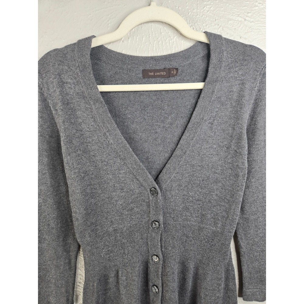 The Limited Deep V Button Cardigan Sweater S Gray Knit 3/4 Sleeve Fitted Y2k Top - Picture 4 of 9